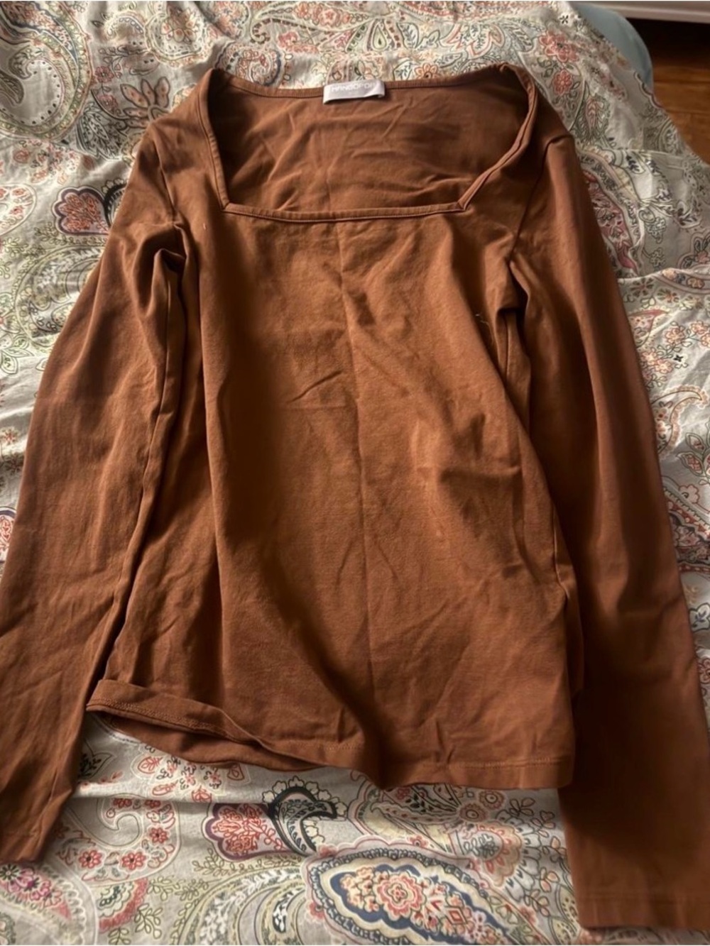 Women's Brown Square Neck Long Sleeve Top
